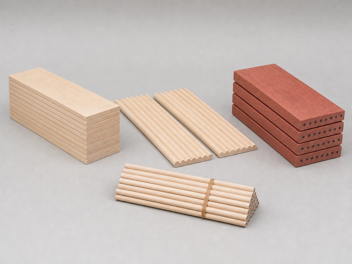 Pencil wood sheets, grooved slats, sandwich boards, and natural blank pencils