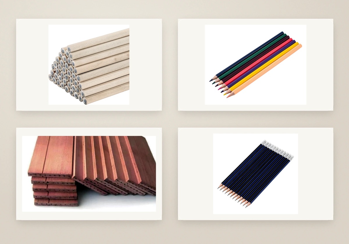 Real pencil materials, blank pencils, and finished pencils used as buyer-facing product proof